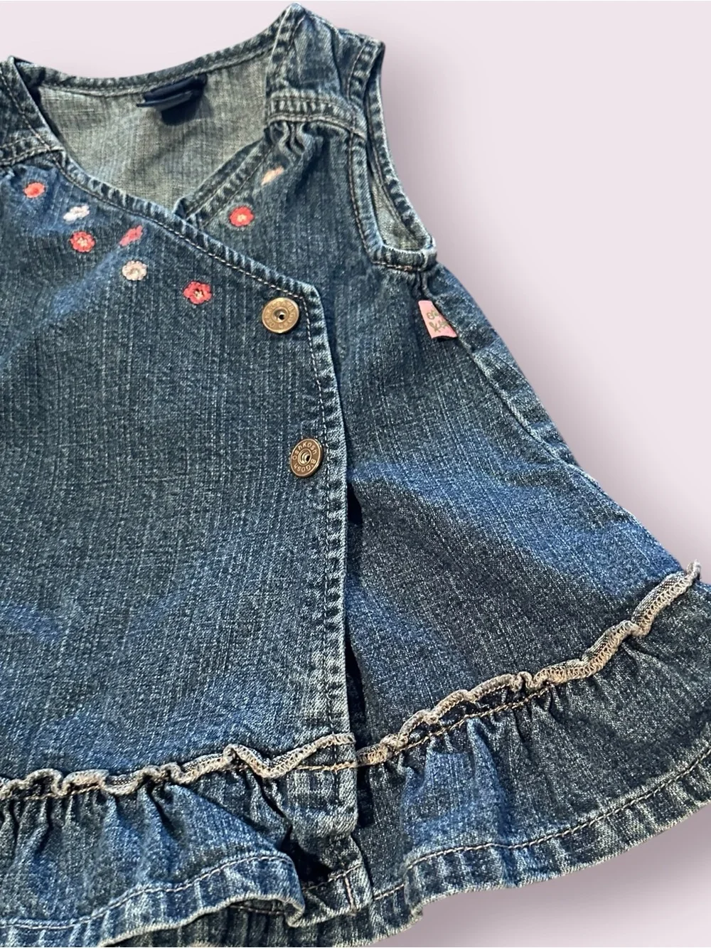 Vintage OshKosh B'gosh Denim Wrap Dress Floral Embroidery Size 12 Months
